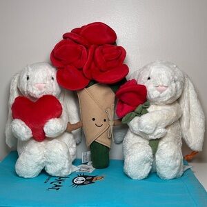AUTHENTIC Lot of 3 Jellycat Bashful Bunny With Rose & Heart , Rose Bouquet W Bag